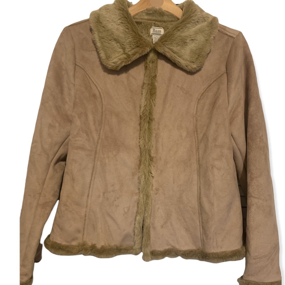G.H. BASS Women's Size Large L Jacket‎ Winter Coat Tan Faux Suede Faux Fur Lined